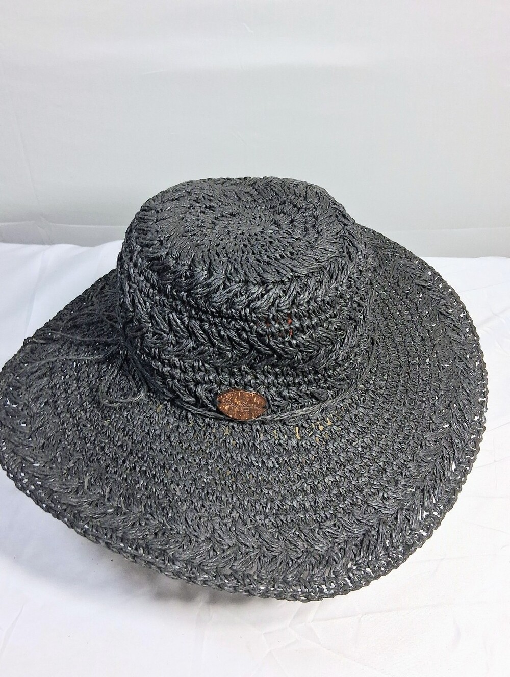 Panama Jack Black Floppy Women's Crocheted Toyo Sun Hat with Sizing Tie
